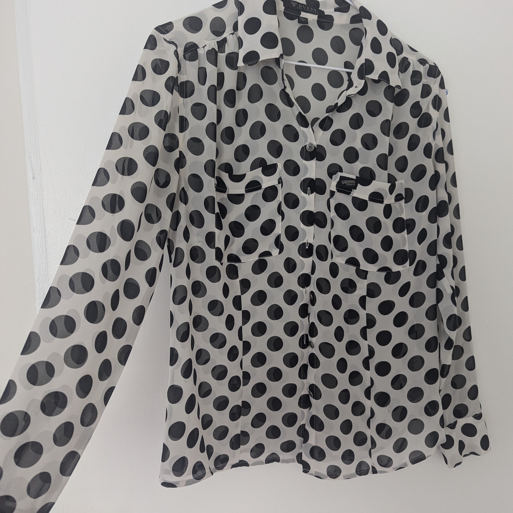Guess Los Angeles Blouse XS White Black Polka Dot Sheer Button Up Shirt Top